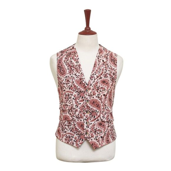Mens Paisley Vest 44R Red Beige Waistcoat XL Formal Wedding Prom Party Groom - Picture 1 of 9